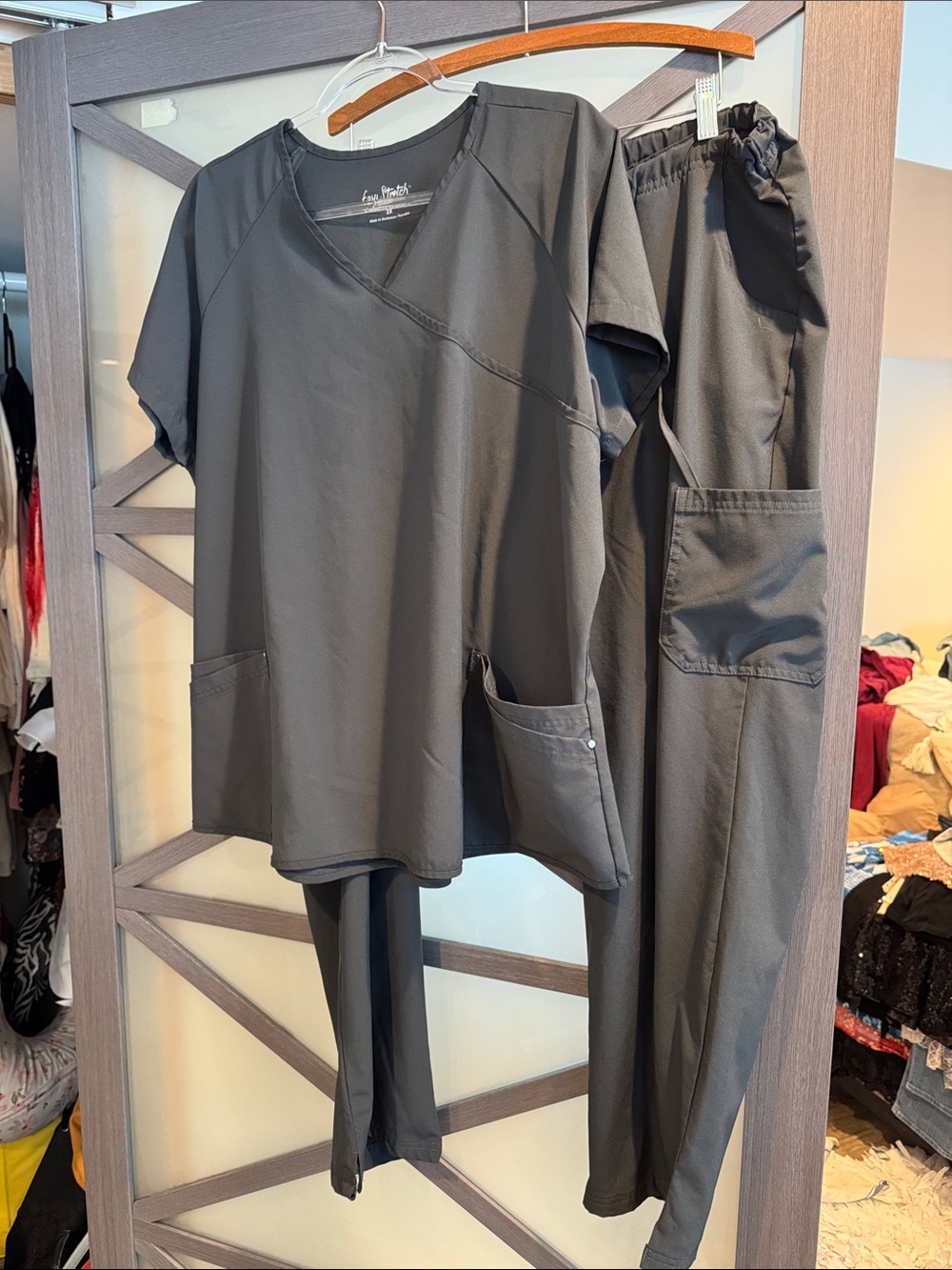 Easy Stretch Buttersoft Dark Gray Cargo Scrub Set with Drawstring Waist 2X